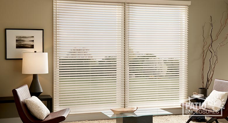 Two-inch composite blinds and majestic valance in streaked prairie.