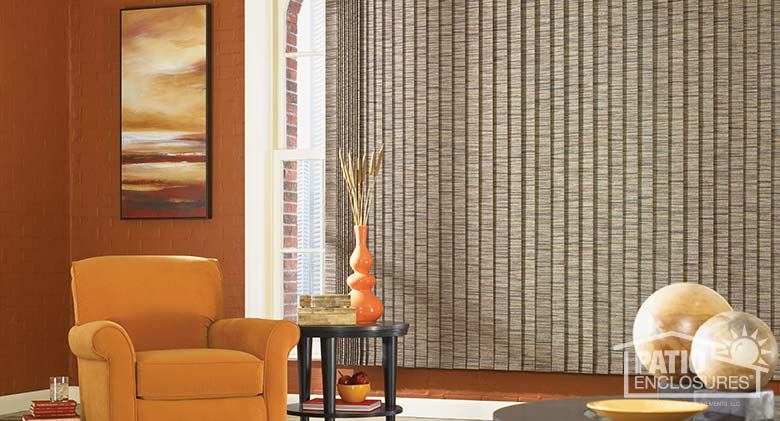 Vertical blinds add privacy and style; shown in London tweed fabric, cattails color.
