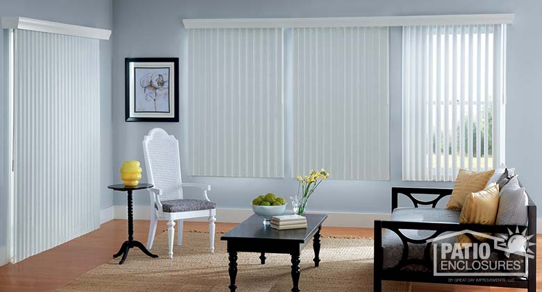 One Touch blinds in snowflake color, four-inch curved wood valance.