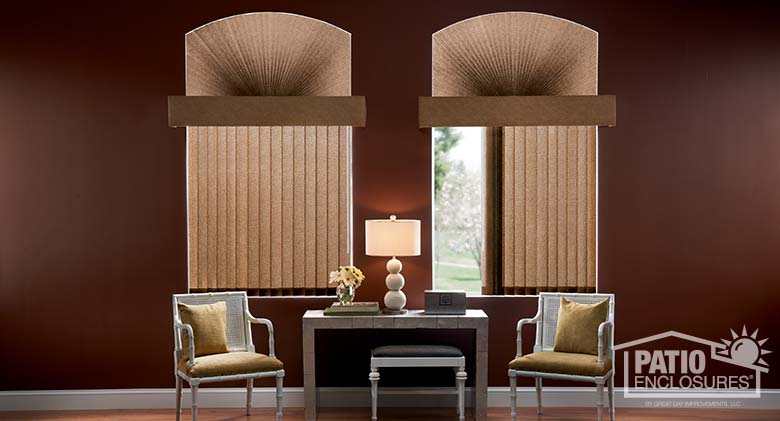 One Touch blinds with fabric-wrapped cornice and pleated shades in coordinating arch.