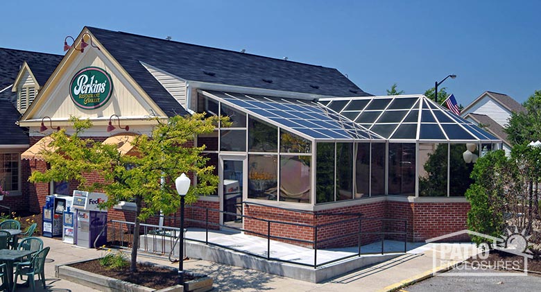 White solarium with unique roof shape in Perkins restaurant in Hudson, OH.