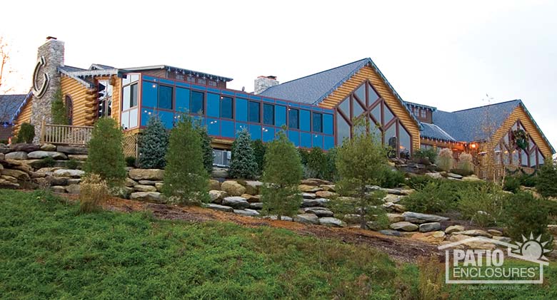 Bronze solarium with single-slope roof at Blue Canyon restaurant in Cleveland, OH.