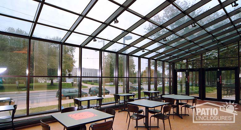 Solarium in bronze with single-slope roof at Jewish Community Center in Baltimore, MD.