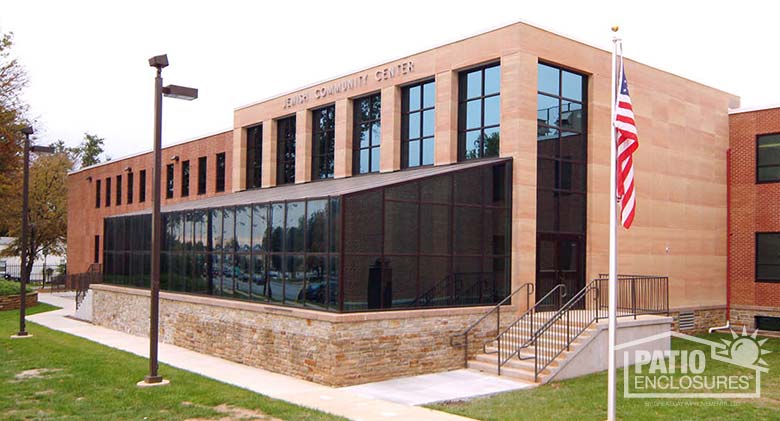 Solarium in bronze with single-slope roof at the Jewish Community Center in Baltimore, MD.