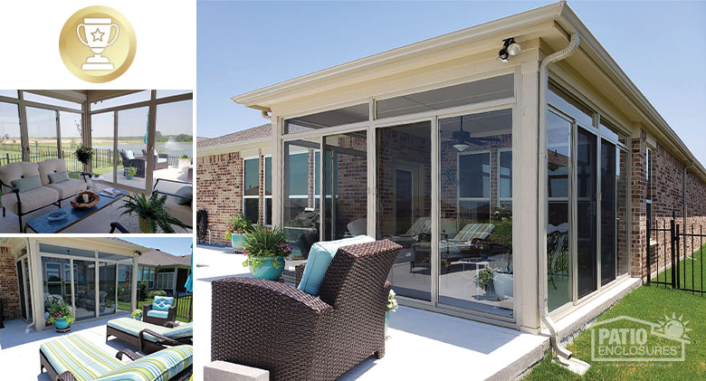 Collage of three photos: two exteriors of glass-enclosed patio and one interior of nicely furnished sunroom, view of patio.