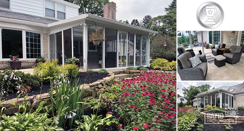Three views of a sunroom: two exterior views with gardens in the foreground and one interior showing a seating area.
