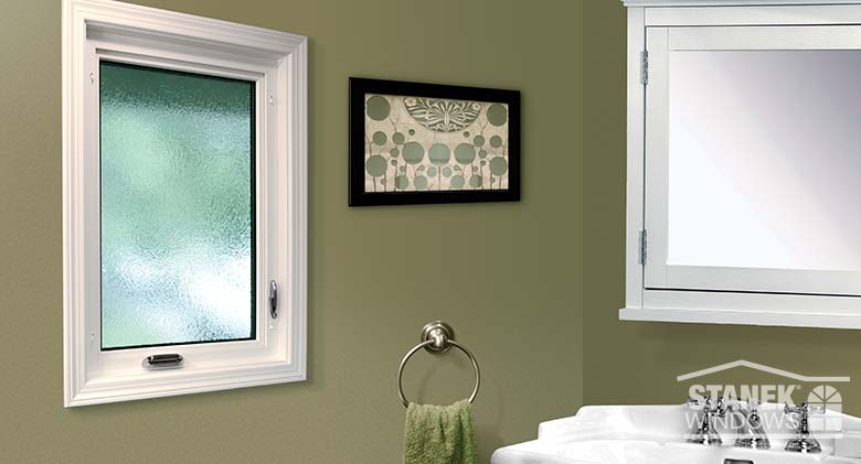 Casement window in white with privacy glass is perfect for bathrooms.
