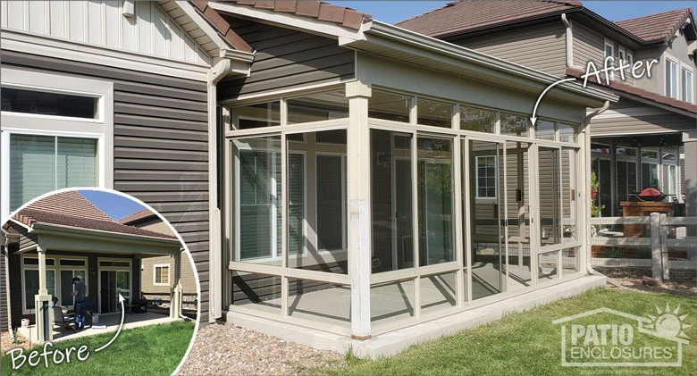 Before and after of a covered patio enclosed in glass with a glass knee wall, glass transom and beige frame.