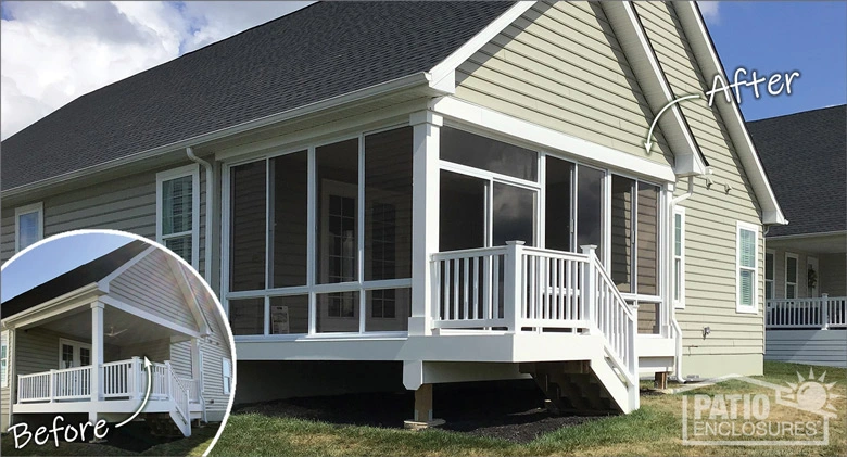Before and after of a corner porch white screen enclosure with screened knee wall and steps leading down to the yard.