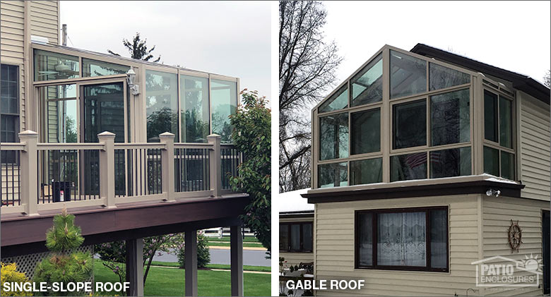 Side-by-side comparison of second-story, tan solariums, single-sloped roof on the left and gable roof on the right.