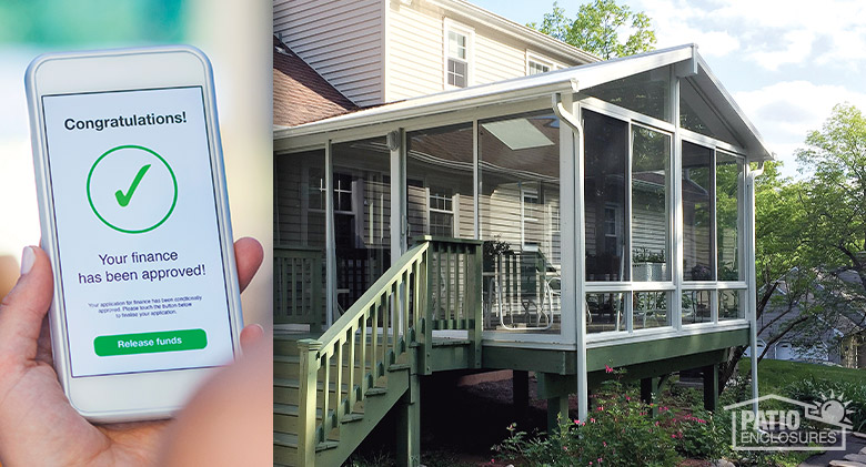 A closeup of a phone showing GreenSky financing approval on the left and a white gable-roofed sunroom on the right..