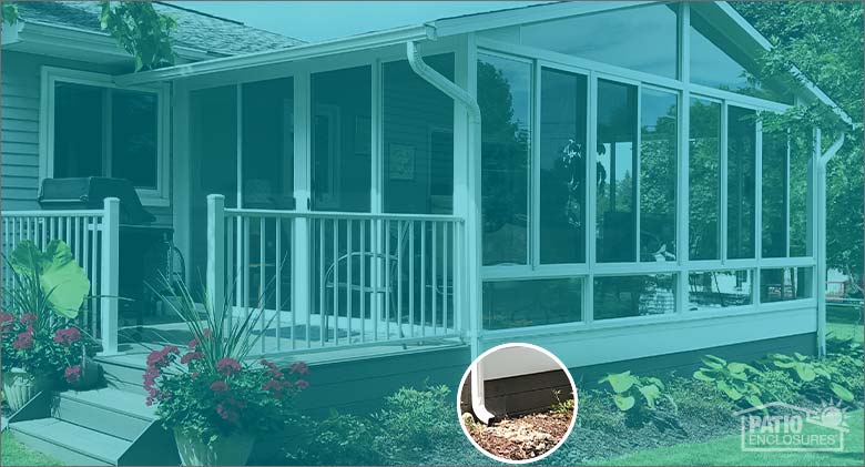 A large sunroom obscured with an aqua overlay. A circle detail without the overlay highlights a downspout and drainage.