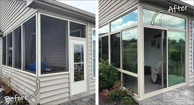 Before and after photos of corner patio screen room with sided knee wall transformed into a lovely glass sunroom..