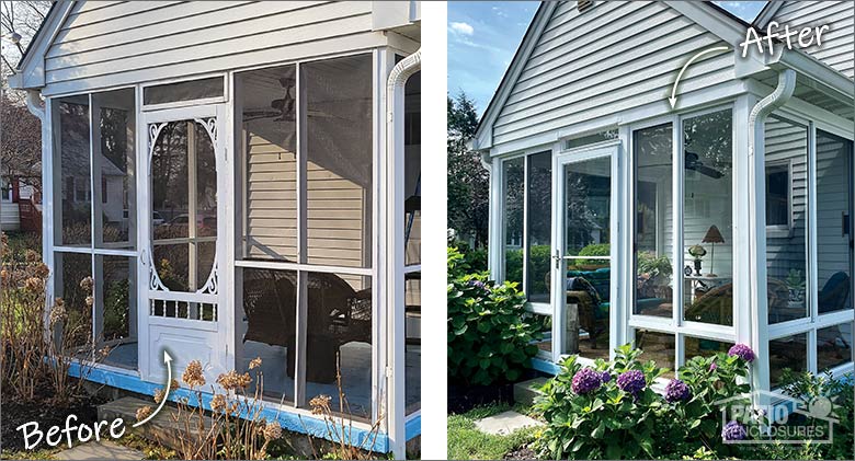  Side-by-side before and after photos of and old screen room on the left and a beautiful, new glass sunroom on the right.