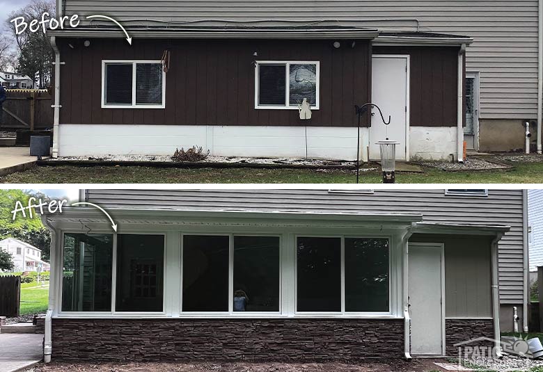  Top photo: a dilapidated covered patio labeled before. Bottom photo: a new sunroom with large windows labeled after.
