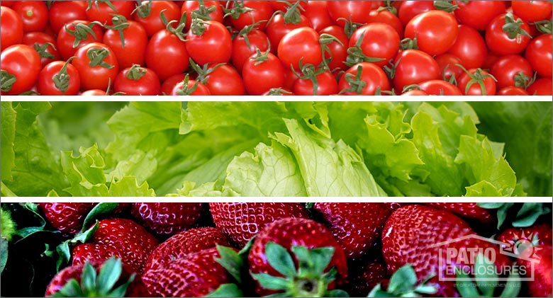 Tomatoes, lettuce, and strawberries