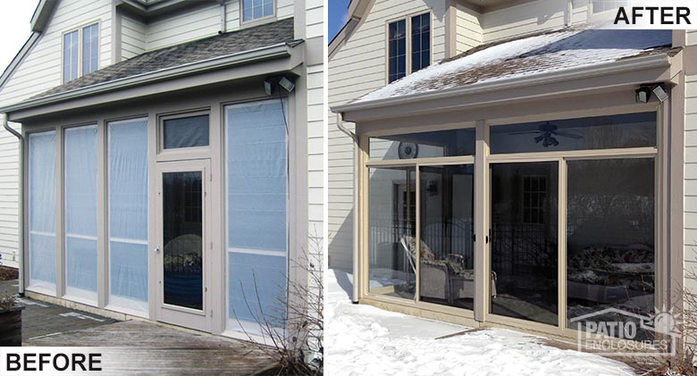 Before and  After patio upgrade from a screen room to a three-Season Room