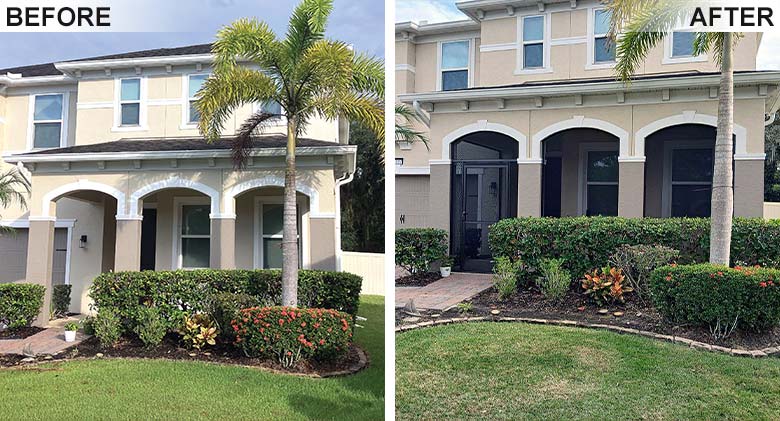 A front porch with multiple arched openings before and after being screened in.
Screened Entry

