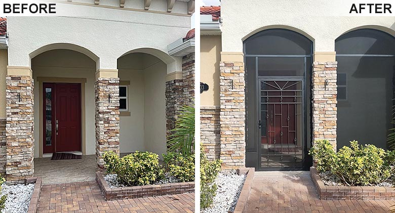 An open front entry with arched openings on the left and the after photo on the right of the same front entry screened in.
Screened Entry
