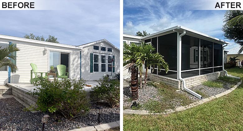 Before image of an open patio on the left and, on the right, the same patio enclosed with a screen room with white frame.