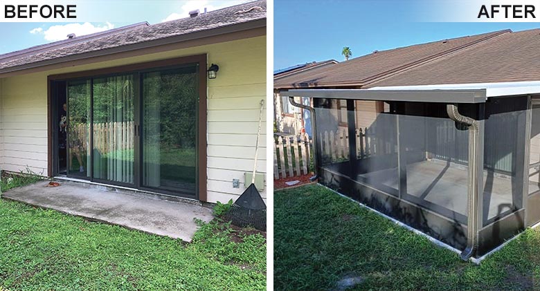 An open patio shown on the left (before) and the finished screened room on the right (after Patio Enclosures).
