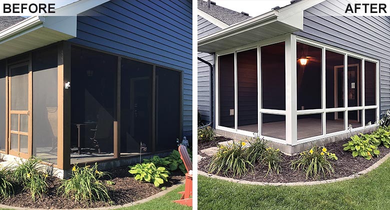 An old wooden-framed screened enclosure was replaced with a white-framed screened patio enclosure.