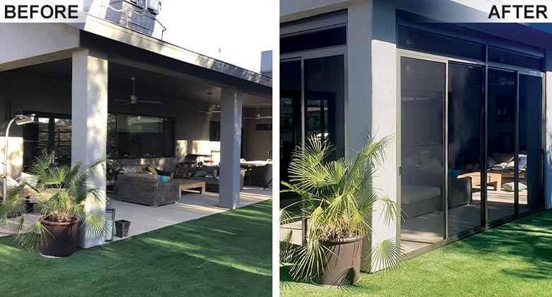 A brown-framed screened patio enclosure after photo on the right and the same patio before it was enclosed on the left.
