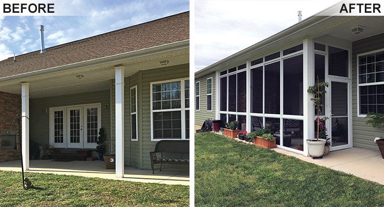 Before image on left of a covered patio and the after image on the right of the screened patio enclosure.
