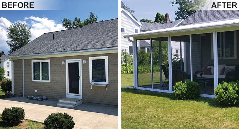 Left: before image of an open patio; Right: after image of the same patio screened in with a white-framed screen room.
