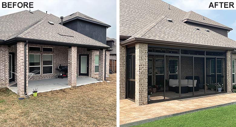 A covered patio with brick columns on a brick home, on the left unscreened and on the right the same patio screened in.

