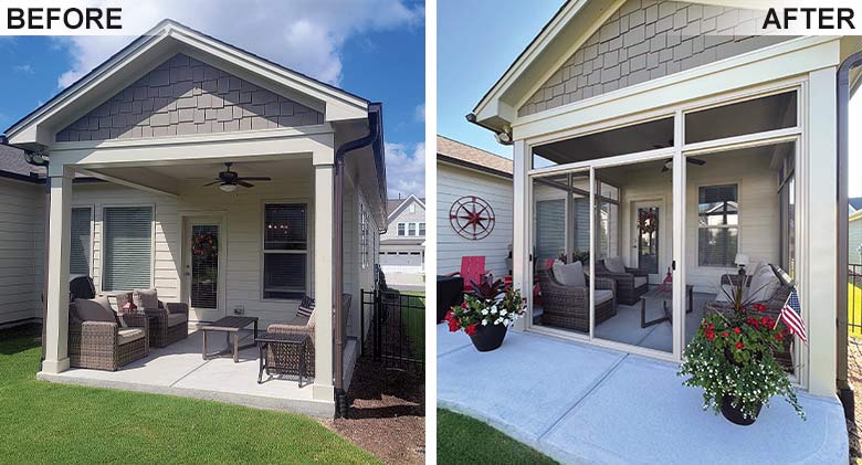 Side-by-side images of an open covered patio on the left (before image) and the same patio screened in on the right.
