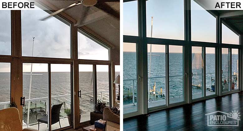 An old screen room was replaced with a vinyl four-season room for year-round views of the ocean.