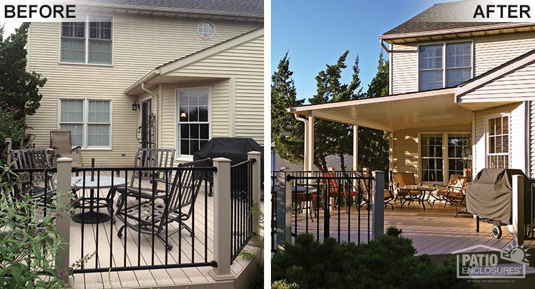 A sturdy, custom-built deck cover provides shade and shelter from the rain.