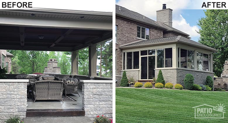 A covered porch was enclosed to create an Elite three-season room for additional family space, used from spring to fall.