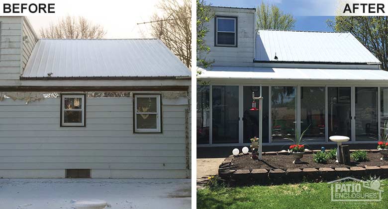 A three-season room with single-slope roof provides extended seasonal use.