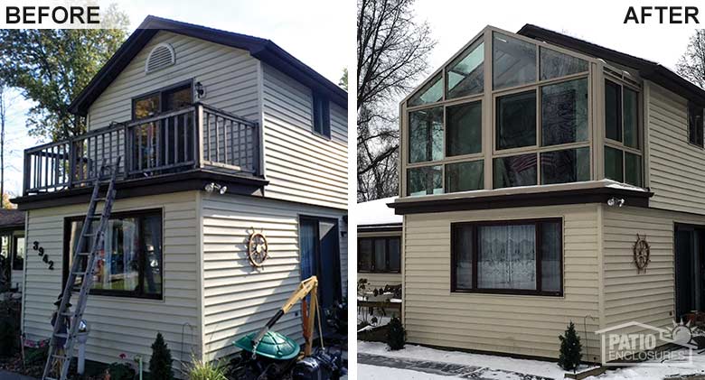 A beautiful gable-roofed solarium enclosed an open deck for year-round comfort.