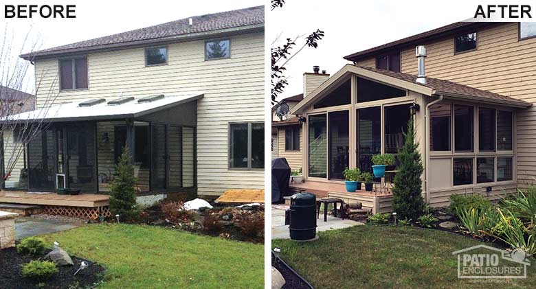 An older sunroom was replaced with a larger four-season room for year-round comfort.