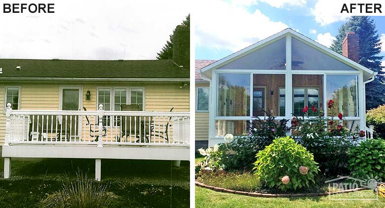 A three-season room with insulated glass was built atop an open deck to extend the seasons.