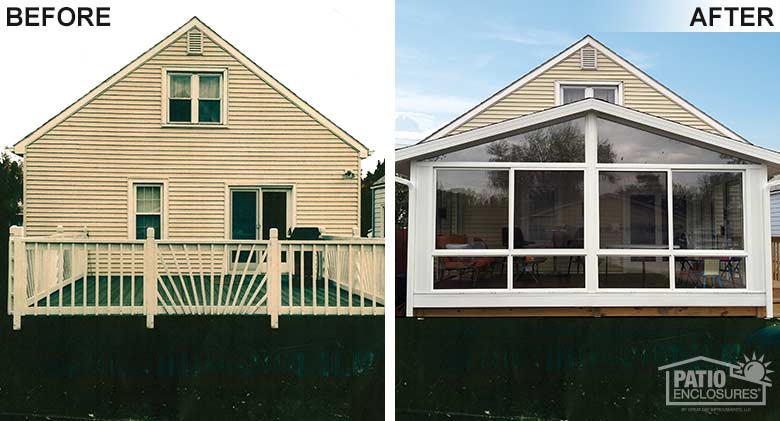 A three-season room with gable roof and insulated glass replaced an open deck for extended seasonal use.