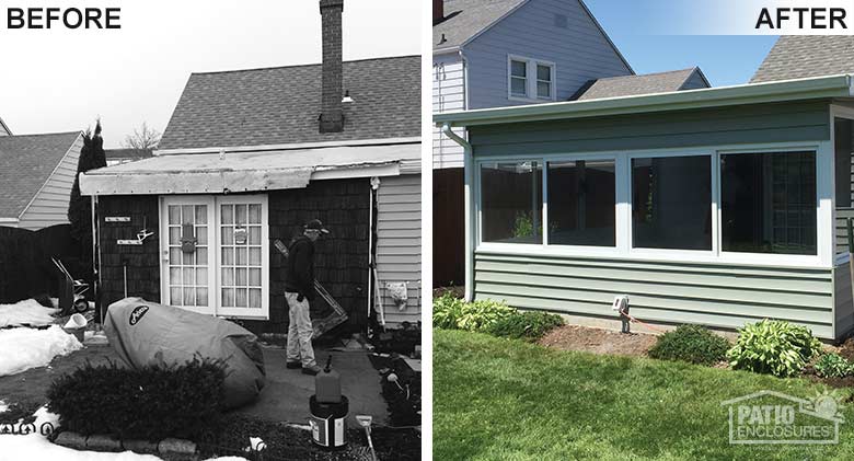 An old room destroyed by snow was replaced with a brand new three-season room with single-slope roof and solid knee wall.