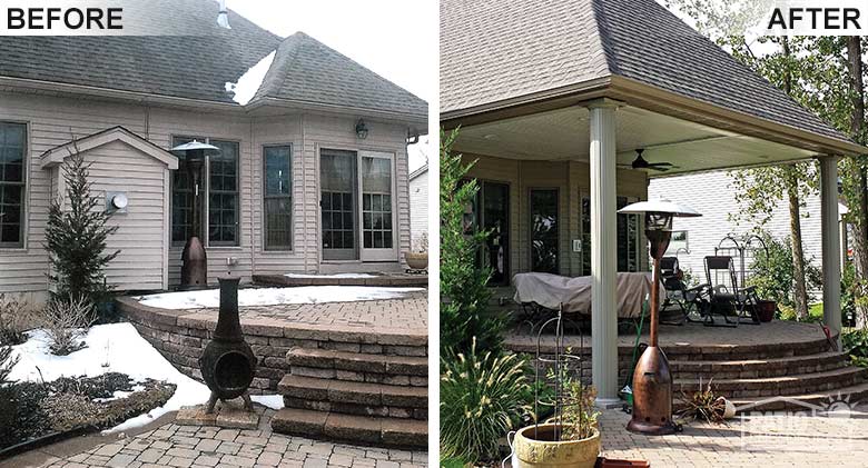 A charming hip roof was built to cover this open patio and protect it from the elements.