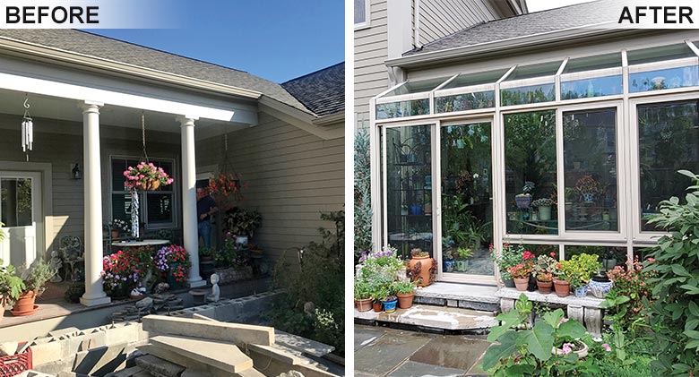 A beautiful new solarium was added to this open porch for year-round gardening and enjoyment.