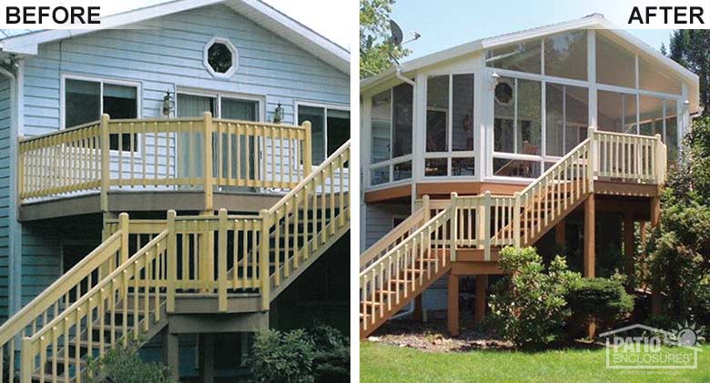 This expansive white Elite three-season room with gable roof was added to this second-story deck overlooking the yard and pool.