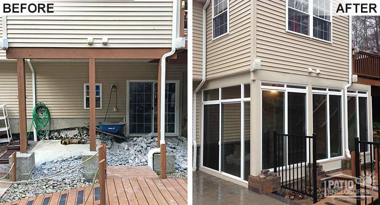 An open area under a room addition was enclosed with a three-season room to create extra living space from spring through fall.