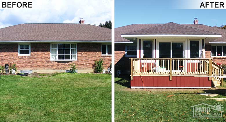 A four-season vinyl room with hip roof and deck was added to the back of this home for additional year-round living space.