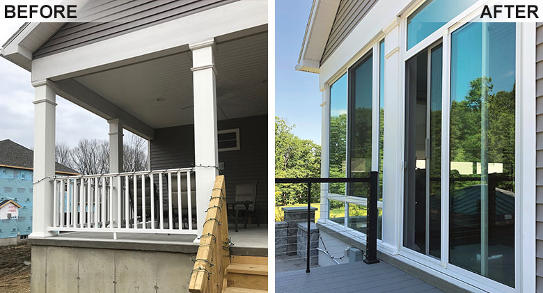 A covered porch enclosed with an Elite three-season room for extended seasonal use.