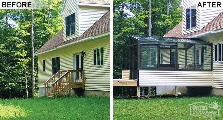 A bronze solarium with gable roof was added to the back of this home to create more room for family and relaxing.