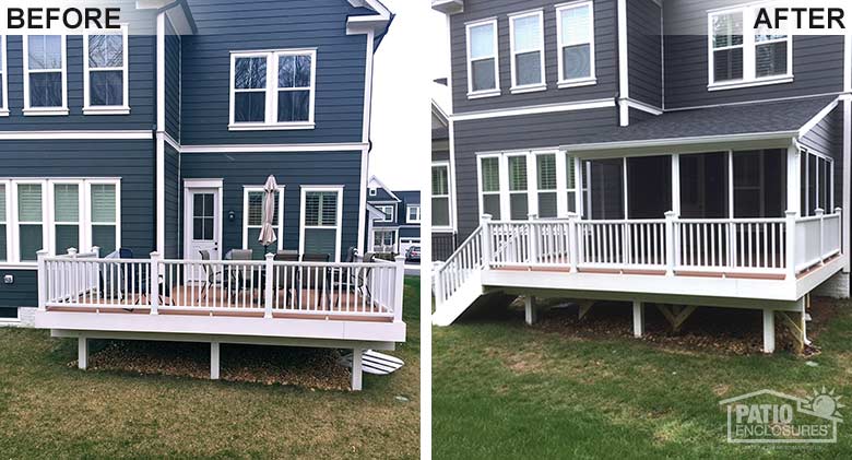 A screen room was added to this open deck to provide protection from bugs and light rain.