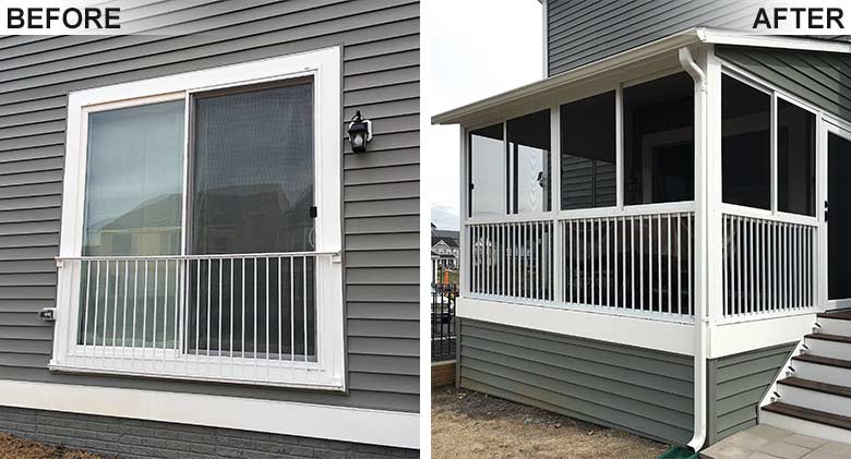 A screen room with integrated picket railing was added to this new construction home.