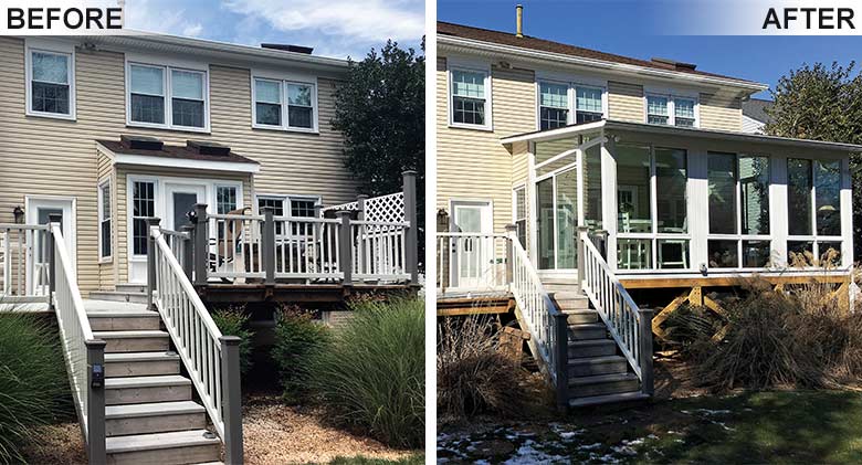 An Elite three season room built on an existing deck extends the seasonal use of the space.